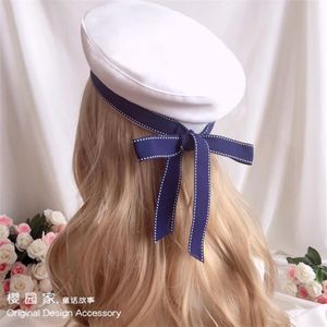 Retro Lolita Marine Stijl Zoete Zachte Zus Strik Lint Baret Blauw Witte Hoed Cosplay Prestaties Handwerk Haar Ornamenten