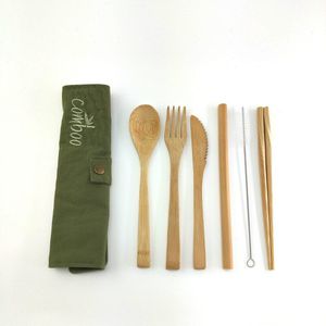 6 stks/pak Japanse Houten Bestek Set Bamboe Bestek Stro Bestek Set Met Doek Zak Keuken Koken Gereedschap