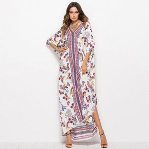 Gedrukt Bohemian Vrouwen Maxi Jurk Batwing Mouw Beach Wear Mode Moslim Abaya Dubai Marokkaanse Kaftan Robe Vestidos