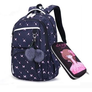 FengDong kids leuke zwart roze bloem school rugzak kinderen schooltassen voor meisjes pluche bal kinderen pen potlood tas set