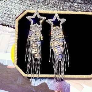 Echt 925 Sterling Zilveren Naald Lange Dangle Oorbellen Voor Vrouwen Sieraden Bling Star Rhinestone Verklaring Tassel Oorbellen