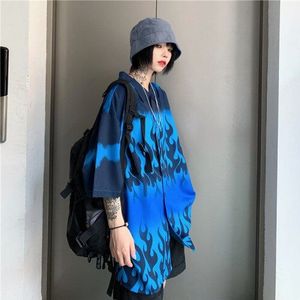 Woherb Harajuku Losse Zomer Tops Vrouwen Man Casual Blauwe Vlam Afdrukken Blouse Korte Mouwen Oversize Blusas Shirt Hip-Hop streetwear
