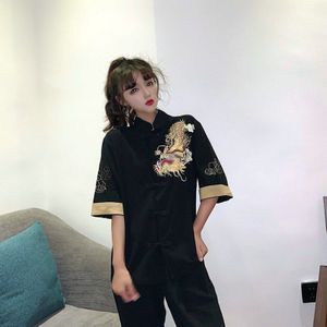 Vintage Mandarijn Kraag Blouses Vrouwen Mannen Shirt Dragon Borduurwerk Chinese Stijl Blouse Lange Mouwen Blusas Tops 11810