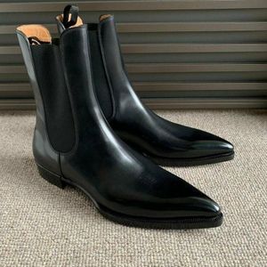 Mannen Schoenen Handgemaakte Zwarte Pu Puntschoen Lage Hak Pull-Op Mode Business Casual High-End Jurk Hoge enkel Chelsea Laarzen 6KF587