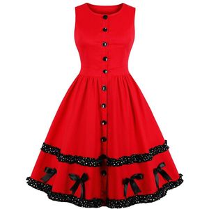 S-4XL Plus Size Vrouwen Vintage Gothic Casual Elegante Rode Jurken Katoen Vlakte Blok Kant Strik Vrouwelijke Mode Zoete Jurk