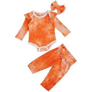 0-24M Pasgeboren Baby Meisjes Kleding Lange Mouw Tie Dye Geribbelde Outfit Bodysuit + Broek + Hoofdband 3 stuks