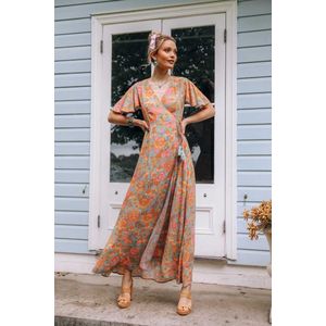 Boho Geïnspireerd Ruches Orange Bloemen Lange Boho Jurk Wrap V-hals Korte Mouw Rayon Zomer Jurk Sexy Vrouwen Strand Jurk