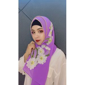 Luxe Borduurwerk Bloem Hijab Party Sjaal Effen Chiffon Lange Sjaals Wrap Shawl Moslim Islamitische Hoofddeksels Dubai Mode