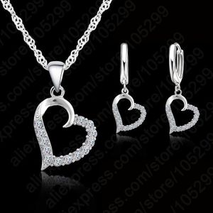 Classic Cubic Zirkoon Hart Hanger Sieraden Set 925 Sterling Zilveren Ketting/Oorbel Vrouwen Bruiloft Sets