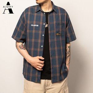 Casual Heren Shirt Korte Mouw Japanse Streetwear Plaid Streep Koreaanse Shirt Flanel Vintage Chemise Shirts Mannen Voor Mannen Kleding