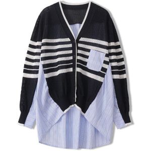 Luxe Herfst Vintage Vrouwen Gestreepte Hit Kleur Trui V-hals Losse Dunne Tij Patchwork Onregelmatige Vesten Shirt Dames Jumper