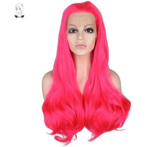 Grillige W Pink Lange Golvende Pruiken Lace Front Synthetische Pruik Voor Vrouwen Lijmloze Natural Hittebestendige Ademend Haar