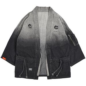 Grijs &amp; Zwart Kleurverloop Mannen Denim Kimono Jas Japan Stijl Streetwear Retro Heren Drie Kwart Mouwen Kimono Jas