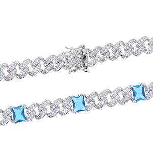 Grote Blauwe Rechthoek Steen Zilveren Kleur Micro Pave 5A Zirconia Cz Miami Cubaanse Link Chain Ice Out Bling Vrouwen Armband