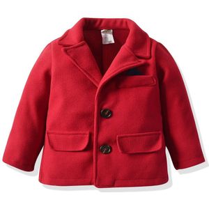 2-7Y Herfst Winter Kleine Jongen Gentleman Wollen Jas, V-hals Effen Rode Kleur Lange Mouw Knop Top Met Pocket