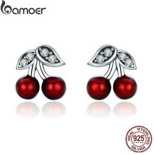 Bamoer Mode 925 Sterling Zilver Zomer Cherry Rode Emaille & Cz Stud Oorbellen Voor Vrouwen Sterling Zilveren Sieraden SCE404