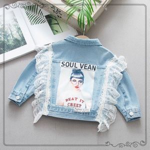 Lente En Herfst Persoonlijkheid Kant Stiksels Denim Jas Casual Mode Meisjes Denim Jas Prachtige Karakter Print Jacket