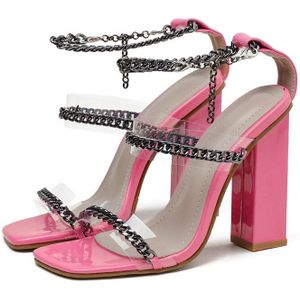 Kcenid Pvc Transparante Riem Metalen Ketting Open Teen Sandalen Voor Vrouwen Enkel Gesp Vierkante Hoge Hakken Vrouwen Jurk schoenen