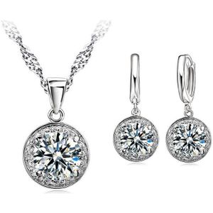 Echte Pure 925 Sterling Zilveren Sieraden Sets Grote Ronde Cz Diamanten Hanger Kettingen Oorringen Bruiloft Fijne