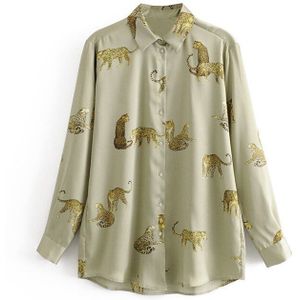 Retro Oversized Animal Print Blouse Vrouwen Mode Losse Casual Groen Geel Blouses Femininas Elegante Vrouwelijke Overhemd Tops