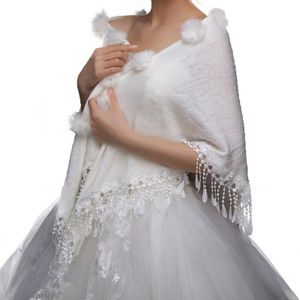 KLV 1 st Winter Driehoekige Wedding Jassen Vrouwen Pompom Kwastje Schouderophalen Winter Shawl Bridal Wraps Sjaals Accessoires