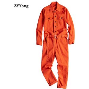 Zyyong Revers Lange Mouwen Oranje Rood Mannen Jumpsuit Hip Hop Toevallige Losse Multi-Pocket Heren Overalls Comfortabele mannen Broek
