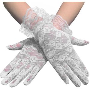 Vrouwen Vintage Zon Bescherming Volledige Vinger Korte Handschoenen Effen Kleur Sheer Floral Lace Jacquard Ruches Trim Pols Lengte Rijden W