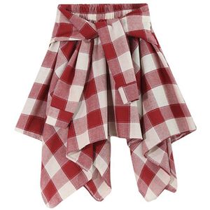 [Eam] Hoge Elastische Taille Rode Plaid Onregelmatige Bandage Temperament Half-Body Rok Vrouwen Mode Tij Lente zomer 1Y230