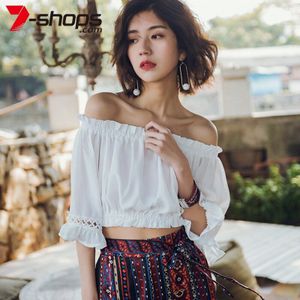 Gypsy Blouse Off Shoulder Witte Blouses Zomer Strand Sexy Shirts Rufflesthree Kwart Mouw Vrouwelijke Tops Shirt Cutwork Crop Top