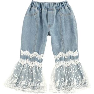 Kinderen Meisje Broek Wide-Leg Broek Zijzakken Fall Hoge Taille Ruche Kant Bloemen Bell Bottoms Jeans 2-7 Jaar