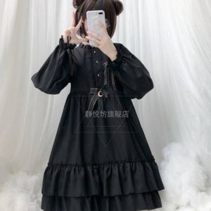 Japanse Zachte Zus Lolita Jurk Dark Vintage Casaul Strik Banadage Jurk Kawaii Ruche Mouw Zwarte Jurk Vrouwen Zwart Lolis