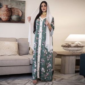 Dubai Marokkaanse Kaftan Jurk Herfst Losse Moslim Jalabiya Abaya Jurken V-hals Lange Mouwen Arabische Turkse Islamitische Kleding