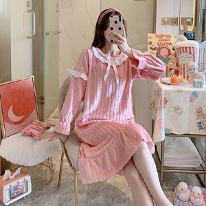 Flanel Sleepshirts Vrouwen Zoete Patchwork Boog Midi Losse Gezellige Dikkere Lange Mouwen Nachthemden Mooie Tieners Lounge Chic Femme