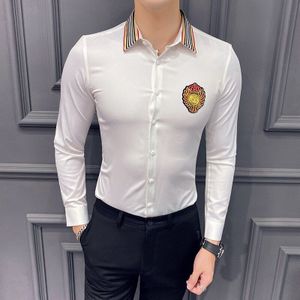 Luxe Toevallige Mens Dress Shirts Gestreepte Kraag Slim Fit Lange Mouw Shirt Chemise Homme Formele Streetwear Sociale Tuxedo Blouse