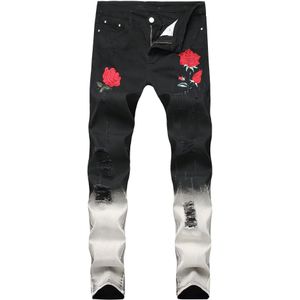 Zwart Wit Patchwork Geript Mannen Jeans Borduren Met Bloemen Rose Geborduurde Mannen Denim Jeans Stretch Skinny Slim Jean Broek