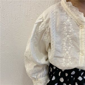 Voorjaar Zuid-koreaanse Meisjes Geborduurde Kant Shirt Lange Mouwen Fee Meisjes Katoen Kant Blouse Wit Kleur Peuter Baby Tops
