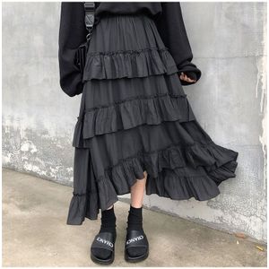 Midi Lange Rokken Vrouwen Maxi Rok Goth Lolita Winter Hoge Taille Asymmetrische Hoog Laag Ruches Ruffle Zwarte Rokken Rok