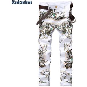 Sokotoo mannen mode bloem gekleurde 3D gedrukt jeans Witte slanke skinny stretch denim broek