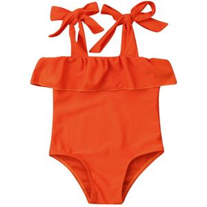 Baby Meisje Effen Oranje Verstoorde Tie Up Badpak Badmode Baby Peuter Kinderen Zomer Strand Een Stukken Bikini Badpak