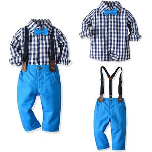 Kinderen Herfst Lange Mouwen Geruite Overhemd Strikje Bib Driedelig Pak Set Casual Gentleman Jongen Jurk 0-6 Jaar Oud