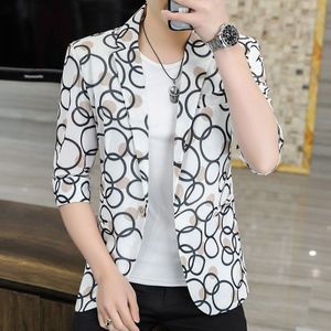 Zomer Mouw Kleine Pak Mannen Dunne Haar Stylist Pak Slanke Korte Mouw Vijf Punten Zeven Punten Mouw Trend Gedrukt Jas s-4XL