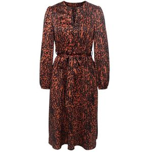 Benuynffy Notch Hals Split Zoom Print Midi Jurken Voorjaar Vrouwen Lange Mouwen Office Lady Hoge Taille A-lijn Jurk Met riem