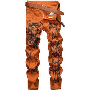 Mannen Chinese Inkt Wassen Schilderij Gedrukt Jeans Tijger Slim Fit Stretch Denim Broek