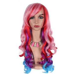 Synthetische Body Wave Pruik Hoogtepunt Rood Roze Paars Blauw 4 Kleuren Pruik Met Pony Lang Golvend Hoge Temperatuur Fiber Pruiken cosplay