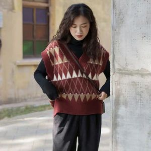 Trui Vest Vrouwen V-hals Acryl Casual Gebreide Mouwloze Retro Uitloper Koreaanse Ulzzang Chic Womens Vesten All-Wedstrijd Vrouwelijke