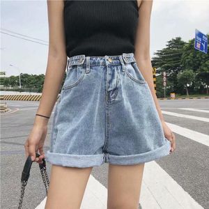 Ftlzz Zomer Vintage Vrouwen Hoge Taille Button Blue Denim Shorts Casual Vrouwelijke Effen Kleur Wijde Pijpen Losse Grijze Jeans shorts