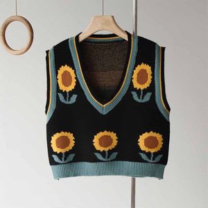 Vrouwen Trui Koreaanse Stijl Toevallige Vest Herfst Jacquard Mouwloze V-hals Trui Zonnebloemen Gebreide Mode Tops