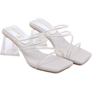 2022 Zomer Vrouwen Slippers Sexy Pvc Kristal Driehoek Hak Strass Hoge Hak Slippers Casual Banket Schoenen