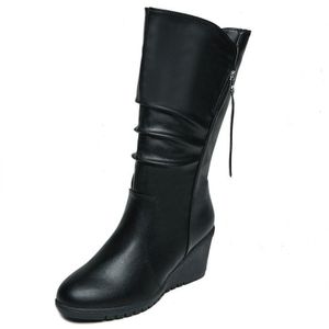 Vrouwen Dames Casual Mid Calf Onder Knie Laarzen Schoenen Leer Sleehak Laarzen Antislip Vrouwen Laarzen Warm snowboots