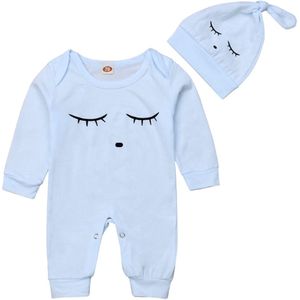 Brand Pasgeboren Baby Baby Meisjes Jongens Herfst Jumpsuits Slapen Ogen Print Lange Mouwen Blauwe Katoenen Romper + Hoeden 2 Stuks Set